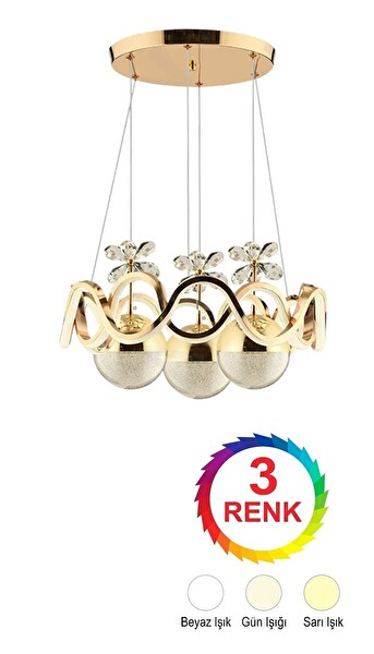 Avize Pazarı Alyans Gold Renkli 3'lü Toplu 3 Renk Kumandalı Modern Ledli Avize