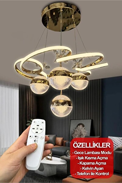 Avize Pazarı 3 Renk Kumandalı Modern Sarkıt 4 Toplu Kelebekli Ledli Avize Gold