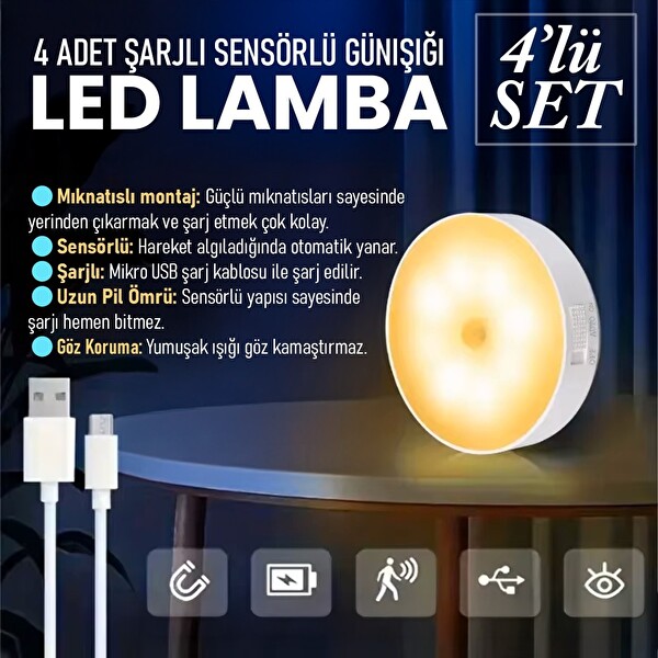 Upway Sensörlü Şarjlı Mıknatıslı Led Lamba Seti - 8 Ledli Gün Işığı 4 Adet