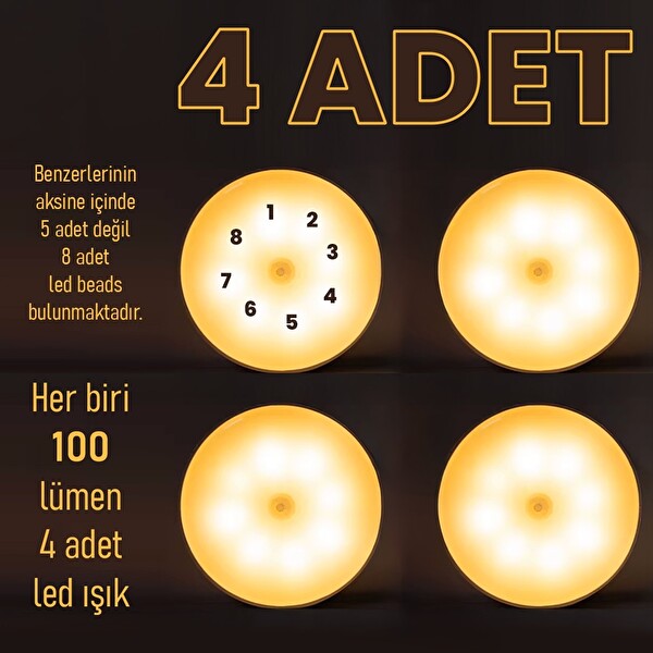 Upway Sensörlü Şarjlı Mıknatıslı Led Lamba Seti - 8 Ledli Gün Işığı 4 Adet