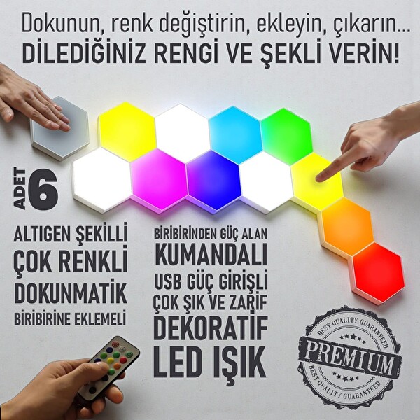 Upway Dokunmatik Çok Renkli Kumandalı Dekoratif Altıgen 6’lı Led Lamba Seti