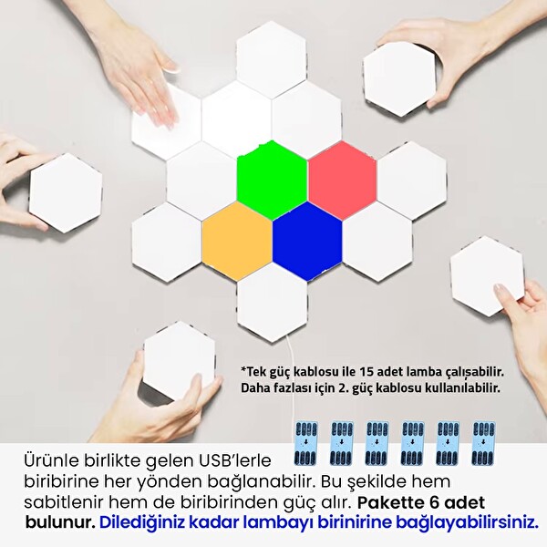 Upway Dokunmatik Çok Renkli Kumandalı Dekoratif Altıgen 6’lı Led Lamba Seti