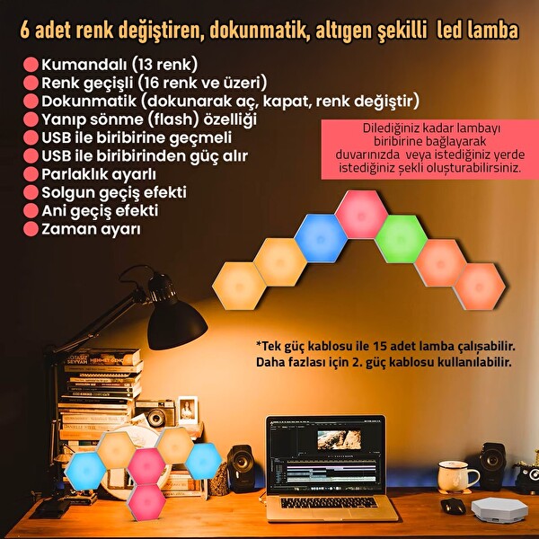 Upway Dokunmatik Çok Renkli Kumandalı Dekoratif Altıgen 6’lı Led Lamba Seti