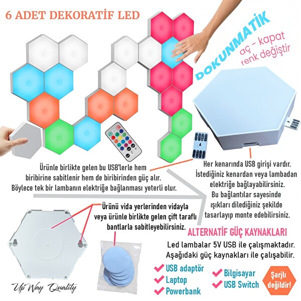 Upway Dokunmatik Çok Renkli Kumandalı Dekoratif Altıgen 6’lı Led Lamba Seti