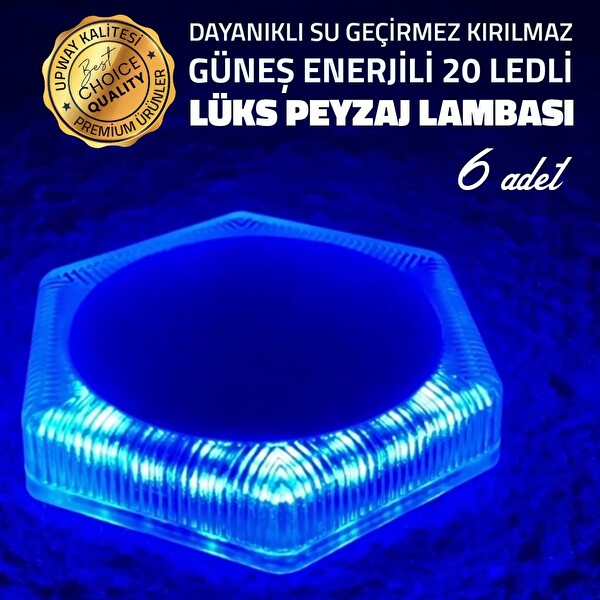 Upway 6'lı Güneş Enerjili Mavi Peyzaj Lambası - 20 LED IP68 Su Geçirmez Kırılmaz Paslanmaz