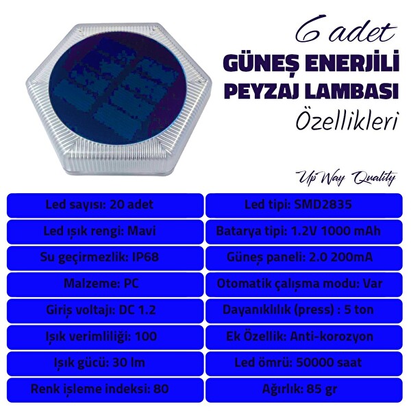 Upway 6'lı Güneş Enerjili Mavi Peyzaj Lambası - 20 LED IP68 Su Geçirmez Kırılmaz Paslanmaz