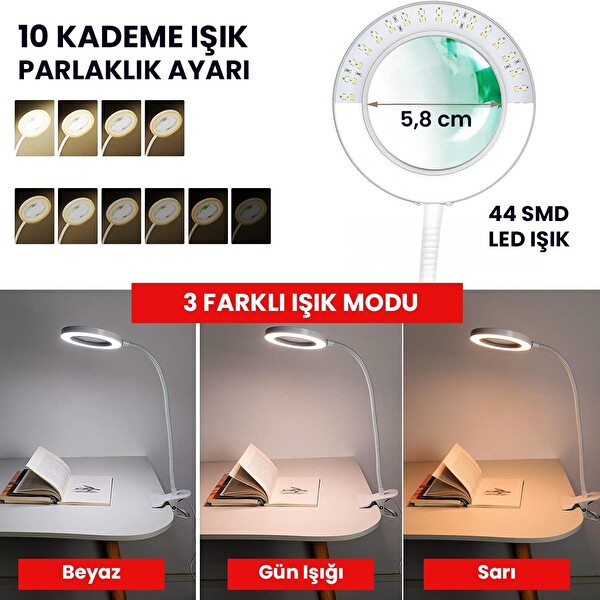 Upway 5X Cam Büyüteçli 3 Renk Modlu LED Masa Lambası