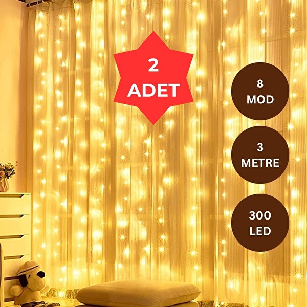 Yeco 2'li Set 300 Led Gün Işığı Perde 3x3 Metre 10 Sarkıtlı 8 Modlu Kumandalı Dekoratif Işık