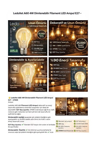 Ledolet 4W Filamentli Led Ampul A60 E27 Dim Vintange Rustik Lamba Sarı Işık 2700K