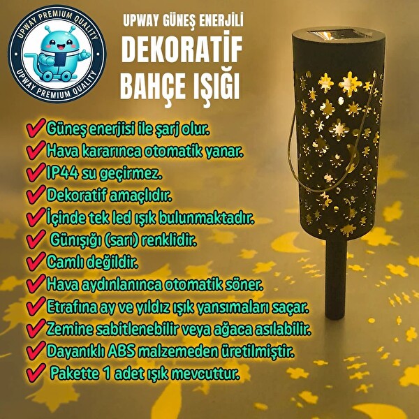Upway Güneş Enerjili Karanlık Sensörlü Yıldız Hilal Desenli Dekoratif Bahçe Ağaç Çim Lambası