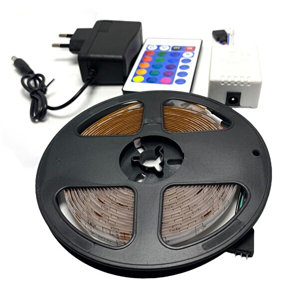 Electroon Silikonlu Kumandalı Adaptörlü Tek Çip Rgb Şerit LED 5 M