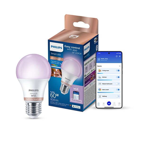 Philips Smart Lighting LED Ampul A60 E27 60W Eşdeğer RGB - Google Home - Alexa - HomeKit ve Matter Uyumlu