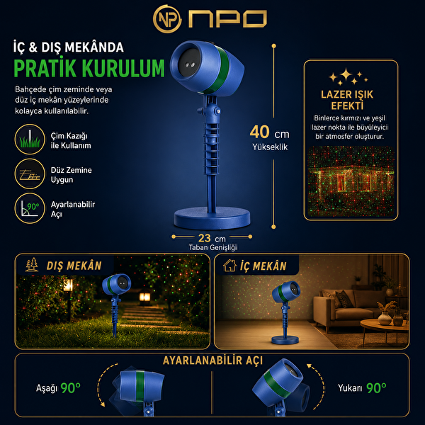 NPO SH01 Kumandalı Kırmızı-Yeşil Lazer Projektörü - Bahçe ve Duvar İçin Yıldız Efektli Işık