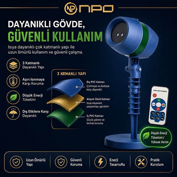 NPO SH01 Kumandalı Kırmızı-Yeşil Lazer Projektörü - Bahçe ve Duvar İçin Yıldız Efektli Işık