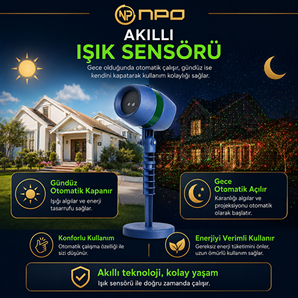 NPO SH01 Kumandalı Kırmızı-Yeşil Lazer Projektörü - Bahçe ve Duvar İçin Yıldız Efektli Işık