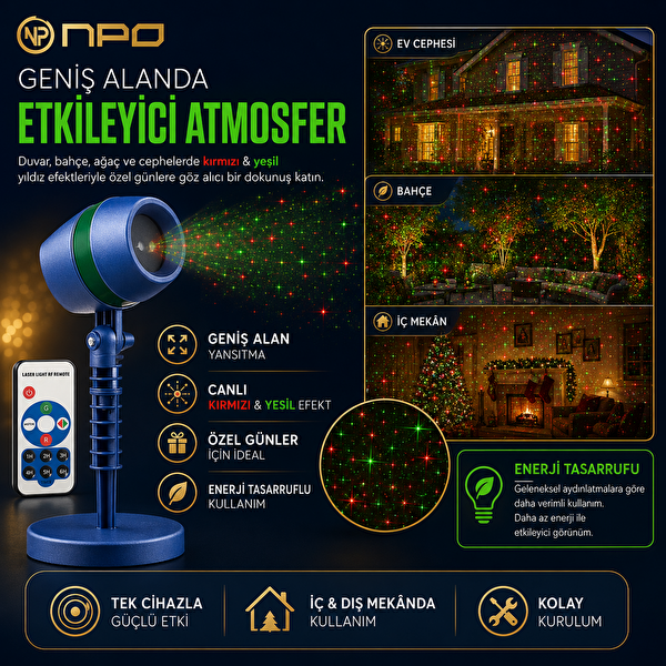 NPO SH01 Kumandalı Kırmızı-Yeşil Lazer Projektörü - Bahçe ve Duvar İçin Yıldız Efektli Işık