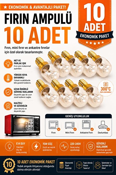 Şahnet E14 15W Davlumbaz Uyumlu 300 Derece Isıya Dayanıklı Ankastre ve Mini Fırın Uyumlu Ampul 10 Adet