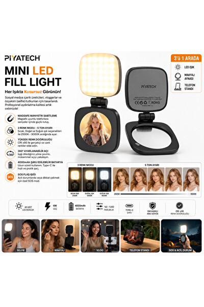 Piyatech XK-FL05 Magsafe Uyumlu Aynalı Mini Led Fill Light Taşınabilir Telefon Standı - Fotoğraf - Video Işığı Siyah