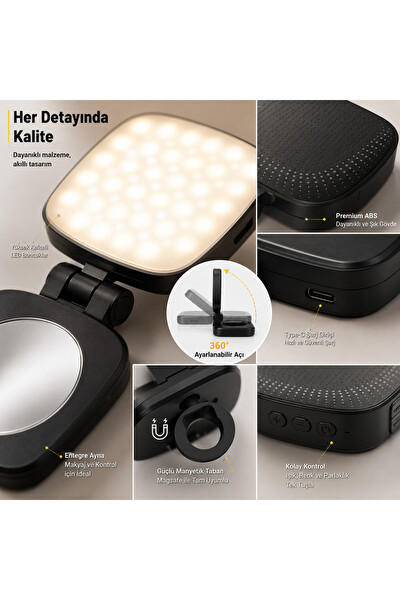 Piyatech XK-FL05 Magsafe Uyumlu Aynalı Mini Led Fill Light Taşınabilir Telefon Standı - Fotoğraf - Video Işığı Siyah