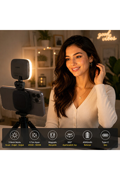 Piyatech XK-FL05 Magsafe Uyumlu Aynalı Mini Led Fill Light Taşınabilir Telefon Standı - Fotoğraf - Video Işığı Siyah