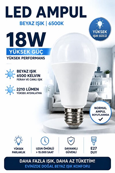 Rutter 18W E27 LED Ampul 6500K Beyaz Işık 2050 Lümen Yüksek Aydınlatma