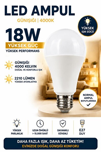 Rutter Rt-1042 18W E27 LED 4000K Gün Işığı 2210 Lümen Yüksek Parlaklık Aydınlatma Ampul