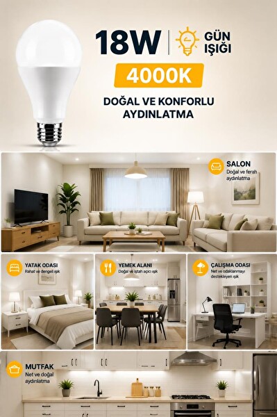 Rutter Rt-1042 18W E27 LED 4000K Gün Işığı 2210 Lümen Yüksek Parlaklık Aydınlatma Ampul