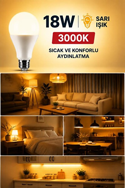 Rutter RT-1041 18W E27 LED 3000K Sarı Işık 2000 Lümen Yüksek Parlaklık Aydınlatma Ampul
