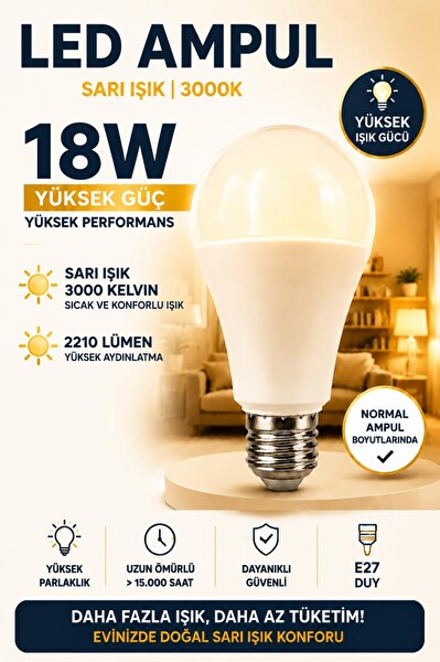 Rutter RT-1041 18W E27 LED 3000K Sarı Işık 2000 Lümen Yüksek Parlaklık Aydınlatma Ampul