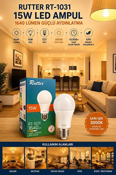 Rutter RT-1031 15W E27 Sarı 3000K Yüksek Aydınlatma Uzun Ömürlü Led Ampul