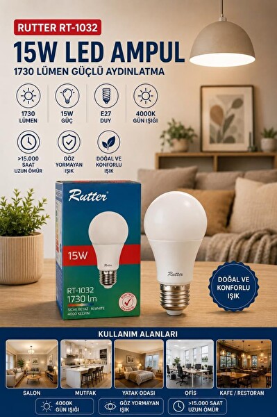 Rutter RT-1032 E27 15W 4000K Günışığı Yüksek Lümen Güçlü Aydınlatma Yüksek Verimli LED Ampul