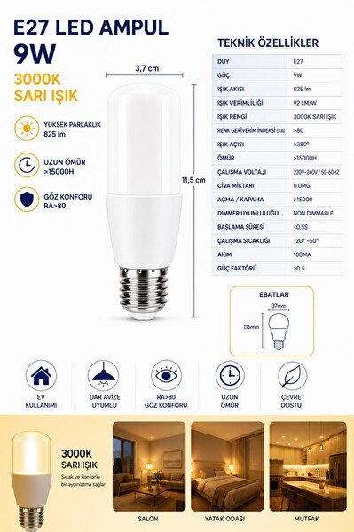 Şahnet E27 9W 3000K Sarı Işık Dar Ağızlı Avize ve Abajur Uyumlu LED Ampul