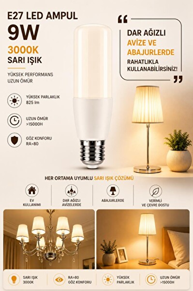 Şahnet E27 9W 3000K Sarı Işık Dar Ağızlı Avize ve Abajur Uyumlu LED Ampul