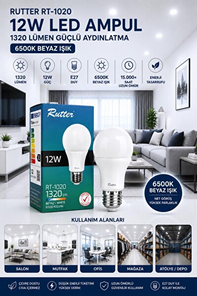 Rutter RT-1020 12W Led Ampul Beyaz 6500K E27 Led Lamba