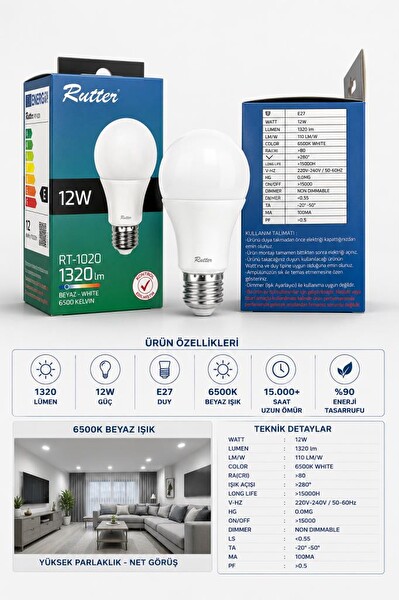 Rutter RT-1020 12W Led Ampul Beyaz 6500K E27 Led Lamba