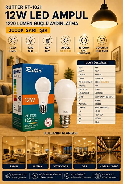 Rutter RT-1021 12W Led Ampul Sarı 3000K E27 Led Lamba