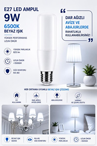 Şahnet 9W E27 6500K Beyaz Işık Dar Ağızlı Avize ve Abajur Uyumlu LED Ampul