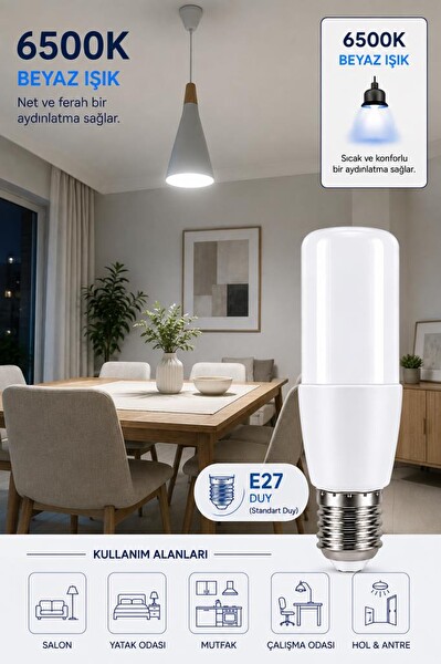 Şahnet 9W E27 6500K Beyaz Işık Dar Ağızlı Avize ve Abajur Uyumlu LED Ampul