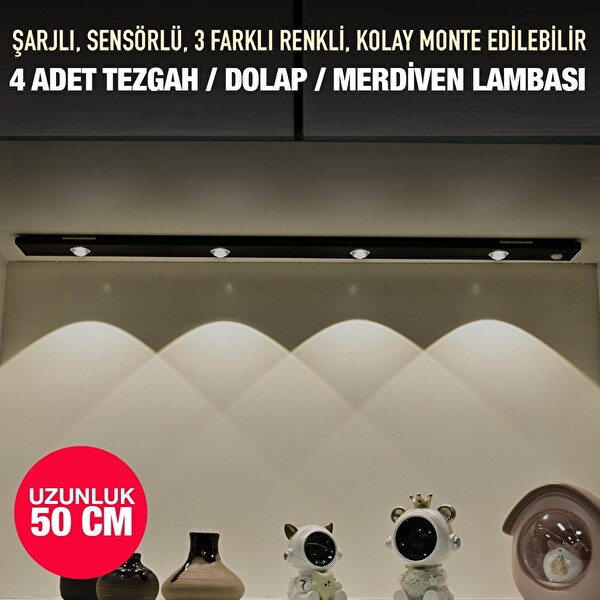Upway 50 CM Şarjlı Sensörlü LED Işık Bar 3 Renk Mercekli Tezgah Dolap Merdiven Lambası
