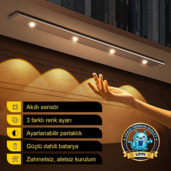 Upway 50 CM Şarjlı Sensörlü LED Işık Bar 3 Renk Mercekli Tezgah Dolap Merdiven Lambası