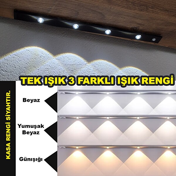 Upway 50 CM Şarjlı Sensörlü LED Işık Bar 3 Renk Mercekli Tezgah Dolap Merdiven Lambası