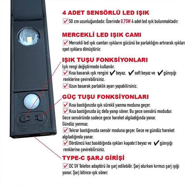 Upway 50 CM Şarjlı Sensörlü LED Işık Bar 3 Renk Mercekli Tezgah Dolap Merdiven Lambası
