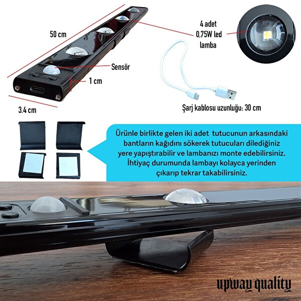 Upway 50 CM Şarjlı Sensörlü LED Işık Bar 3 Renk Mercekli Tezgah Dolap Merdiven Lambası