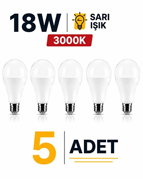 Şahnet 18W E27 LED Ampul 3000K Sarı Işık Led Lamba - 5 Adet