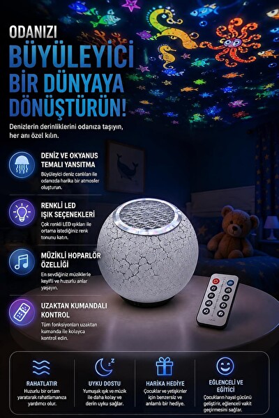 Coverzone Deniz ve Okyanus Temalı Projektör ENT Müzikli Hoparlörlü Renkli LED Yansıtıcı Uzaktan Kumandalı Gece Lambası