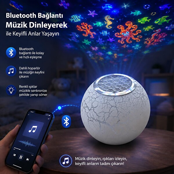 Coverzone Deniz ve Okyanus Temalı Projektör ENT Müzikli Hoparlörlü Renkli LED Yansıtıcı Uzaktan Kumandalı Gece Lambası