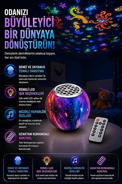 Coverzone Deniz ve Okyanus Temalı ENT Projektör Müzikli Hoparlörlü Renkli LED Yansıtıcı Uzaktan Kumandalı Gece Lambası