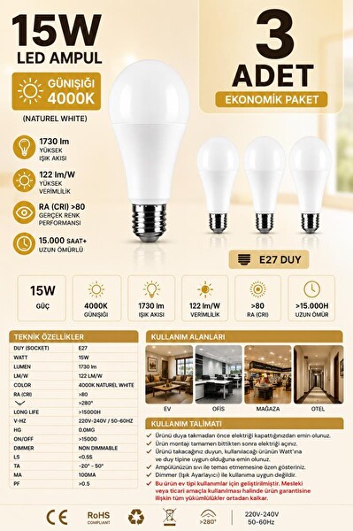 Şahnet E27 15W LED Ampul 4000K Günışığı Led Lamba 3 Adet