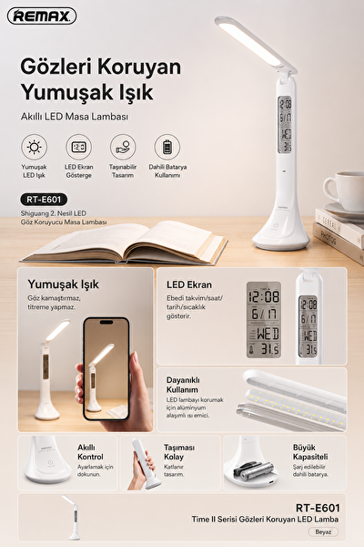 Remax RT-E601 Time II Dijital Takvimli Göz Koruyucu Dokunmatik LED Masa Lambası