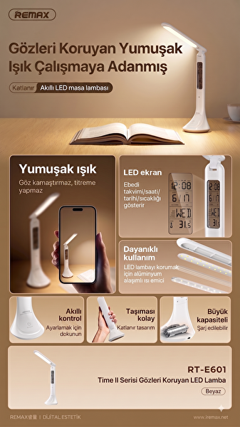 Remax RT-E601 Time II Dijital Takvimli Göz Koruyucu Dokunmatik LED Masa Lambası